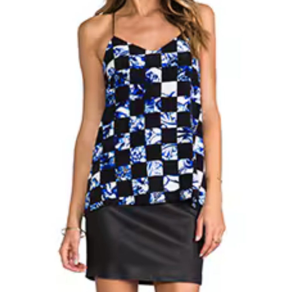 Tibi New York Blue Floral Checkerboard Racerback Silk Camisole Top Size‎ 6 (759)